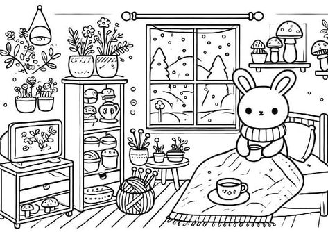 Cozy Friends' Winter Retreat Cozy Friends Coloring Book Pages, Cozy Coloring Pages Printable, Cozy Friends Coloring Pages, Cozy Friends Coloring Book, Decorative Doodles, Cozy Drawing, Cozy Coloring Pages, Relaxing Coloring Pages, Winter Coloring Pages