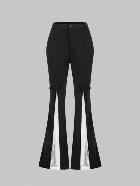 Women's Black Colorblock Lace Panel Flared Pants,Bow Pants,Fall/Winter Women Bottoms,Frenchies,Brunch,Homecoming,Back To School,Business Casual Women,Basic,Teacher,Cute,90s Outfit,Goth,Korean Fashion,Old Money,Party,Renaissance Fair Black and White Elegant   Knitted Fabric Colorblock Flare Leg Medium Stretch  Women Clothing, size features are:Bust: ,Length: ,Sleeve Length: Old Money Party, School Business Casual, Money Party, Fashion Old Money, Wedding Guest Skirt, Bow Pants, Business Casual Women, Cruise Dress, Women Bottoms