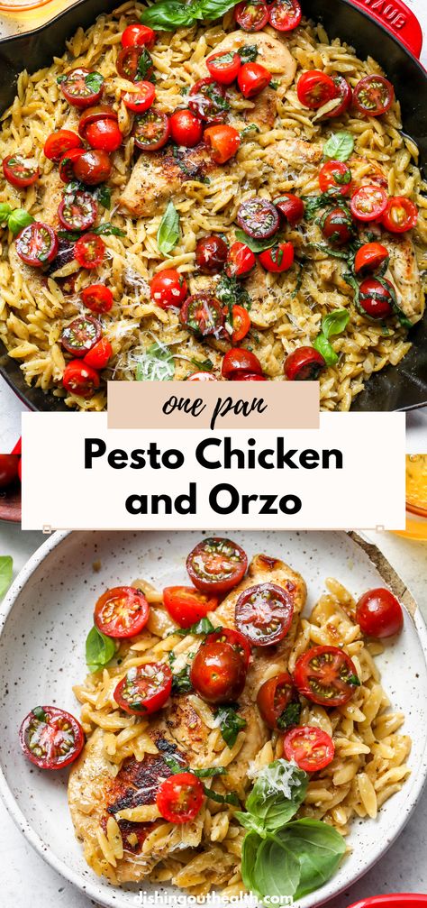 Creamy Basil Pesto Chicken Orzo, Chicken Tomato Orzo Recipes, Healthy Dinner Recipes Pesto, Orzo Cherry Tomato, One Pan Orzo Recipes, Orzo With Pesto, Chicken Pesto Orzo Recipes, Pesto Orzo Chicken, Pesto Orzo Recipes