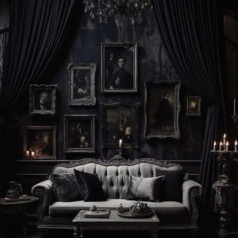 Dark Victorian Living Room, Restroom Wall Decor, Dark House Aesthetic, Dark Home Aesthetic, Gothic Living Rooms, Moody Room, Gothic Homes, Gothic Living Room, Witch Wall Art