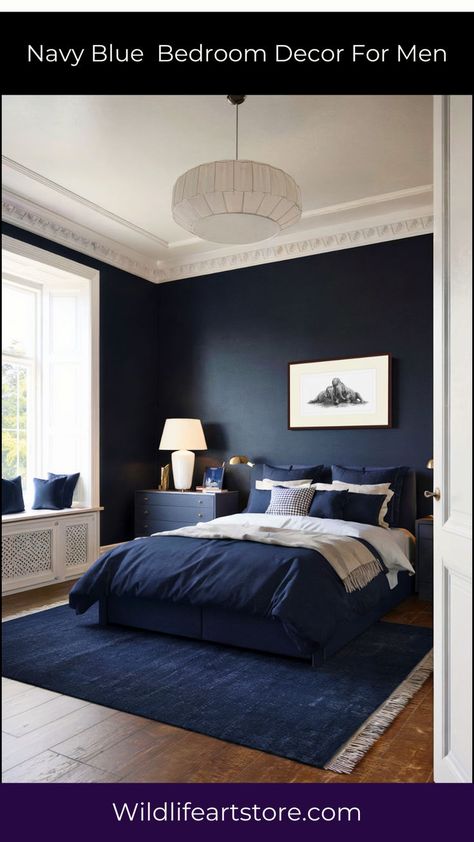 Navy Blue Bedroom Decor For Men Navy Blue Bedroom Decor Ideas, Minimalist Bedroom Navy Blue, Gray And Blue Bedroom, Blue Bedroom Ideas For Men, Deep Blue Bedroom, Navy Room Decor, Navy Blue Bedroom Decor, Navy Blue Bedroom Ideas, Men’s Bedroom Ideas