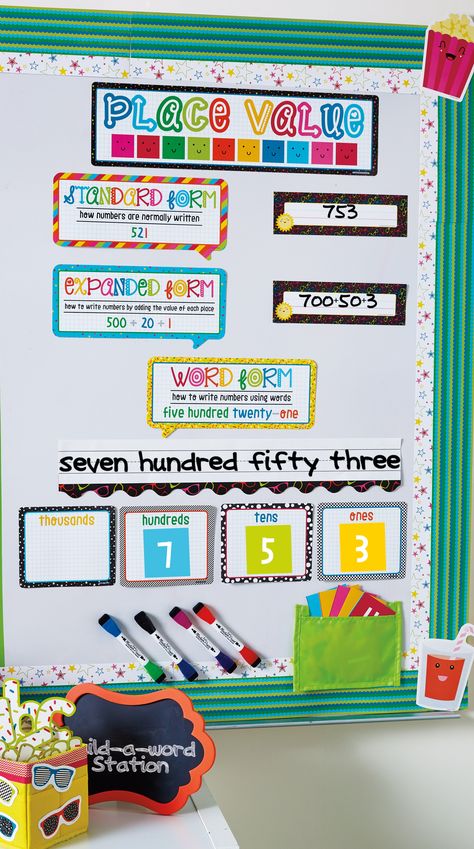 This colorful and popping Place Value bulletin board set is sure to engage your students! Part of the School Pop classroom collection from Carson-Dellosa. Place Value Bulletin Board, Math Bulletin Boards, Math Wall, Calendar Math, Eureka Math, Math Place Value, Carson Dellosa, Fourth Grade Math, 4th Grade Classroom