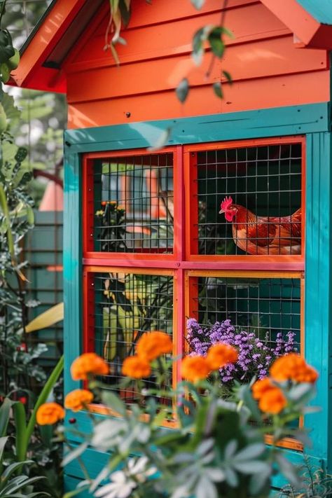 Brighten Your Coop: Chicken Coop Painting Ideas Tropical Chicken Coop, Rainbow Chicken Coop, Yellow Chicken Coop, Coop Painting Ideas, Backyard With Chicken Coop, Purple Chicken Coop, Colorful Chicken Coop Ideas, Creative Chicken Coop, Painted Chicken Coop Ideas