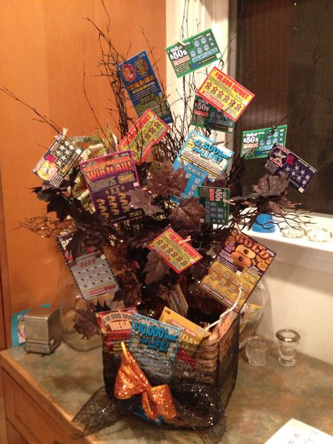 Fall fair lottery ticket basket! Fall Lottery Ticket Basket, Lottery Tree Ideas, Lottery Ticket Basket, Lottery Tree, Lottery Ticket Gift Ideas, Ticket Gift Ideas, Thanksgiving Banquet, Lottery Ticket Bouquet, Lottery Ticket Gift