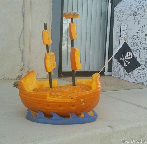 Pumpkin Pirate Ship, Boat Pumpkin Carving, Pirate Ship Pumpkin Carving, Ship Pumpkin Carving, Pirate Ship Pumpkin, Pirate Pumpkin Carving, Pumpkin Pirate, Halloween Makeup For Kids, Pumpkin Cravings