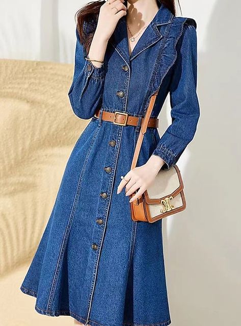 Season:Fall,Spring,Autumn; Fabric:Denim; Sleeve Length:Long Sleeve; Look After Me:Machine wash; Gender:Women's; Style:Elegant,Modern,Formal,Casual; Elasticity:Micro-elastic; Occasion:Daily,Office,Outdoor,Business; Fit Type:Loose Fit; Dresses Type:Work Dress,Casual Dress,Denim Shirt Dress; Pattern:Plain; Design:Button,Ruffle,Pocket; Neckline:Shirt Collar; Front page:FF; Listing Date:03/09/2023; Production mode:External procurement; 2023 Trends:2023; Bust:; Length:; Shoulder Width:; Sleeve:; Waist Denim One Piece Dress, Denim Dresses Online, Vestidos Jeans, Jumpsuit Denim, Jean Dresses, Moda Denim, Business Shirt, Outdoor Office, Womens Denim Dress