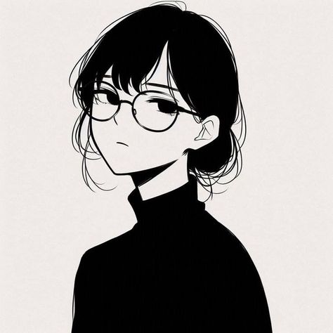 Glasses Anime Woman, Girl Icon Drawing, Girl With Black Hair Drawing, Glasses Girl Drawing, Cute Characters Drawing, Introvert Pfp, Bun Drawing Reference, Aesthetic Pfp Pics, Profile Picture Drawing