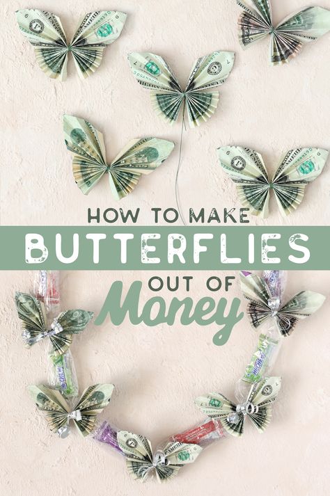 Learn how to fold dollar bills into butterflies. Such a fun way to give money as a gift! Add the butterflies to a graduation lei or to a bouquet of flowers or a houseplant. Money Gifts | Graduation Gifts | Birthday Gifts | Origami | Graduation Money Lei Butterfly, Dollar Bill Butterfly How To Make, How To Make Bouquet Of Money, Make A Graduation Lei, How To Make A Graduation Lei With Money, How To Put Money On A Lei, Butterfly Money Lei Diy How To Make, Butterfly Dollar Origami, Money Candy Lei