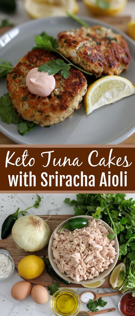 These keto tuna cakes with greek yogurt sriracha aioli are gluten free and so easy to make they are the perfect inexpensive (since we make them with canned tuna), quick, and healthy meal. Plus, the sriracha aioli makes them extra delicious. Give these crispy tuna cakes a try and you'll be hooked! Cakes With Greek Yogurt, Tuna Keto Recipes, Keto Tuna Cakes, Crispy Tuna, Keto Tuna, Sriracha Aioli, Tuna Cakes, Mango Recipes, Fish Dinner