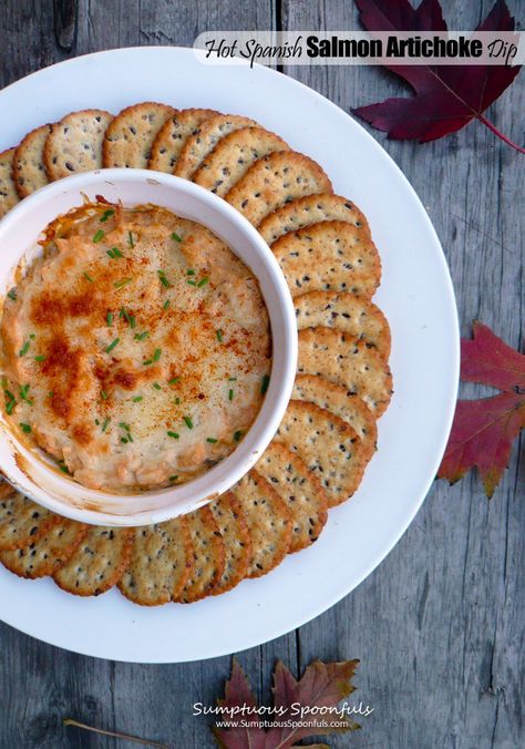 Hot Spanish Salmon Artichoke Dip | Sumptuous Spoonfuls - DailyBuzz Food Spanish Salmon, Salmon Artichoke, Wedding Foods, Romesco Sauce Recipe, Leftover Salmon, Romesco Sauce, Tasty Snacks, Favorite Dips, Spanish Dishes