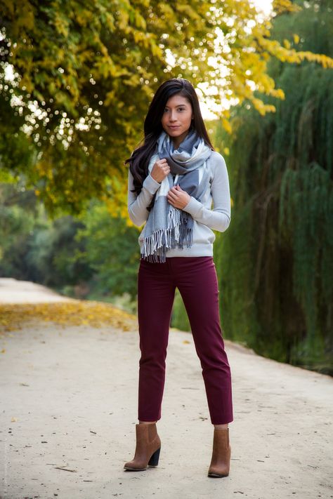 Burgundy and Gray - gray crewneck sweater, a checkered gray scarf, a pair of burgundy pants and brown ankle booties. Ankle Pants Outfit, Burgundy Pants Outfit, Ankle Boots Outfit Fall, Maroon Pants Outfit, Maroon Jeans, Maroon Pants, Fall Boots Outfit, Boots Outfit Ankle, Burgundy Pants