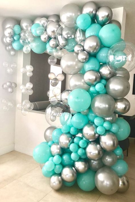 Turquoise Sweet 16 Decorations, Breakfast At Tiffanys Balloon Garland, Breakfast At Tiffany’s Balloon Arch, Turquoise 21st Birthday Ideas, Aqua Sweet 16 Decorations, Tiffany Blue Balloon Arch, Turquoise Quinceanera Decorations, Turquoise Quinceanera Theme, Tiffany Blue Balloons