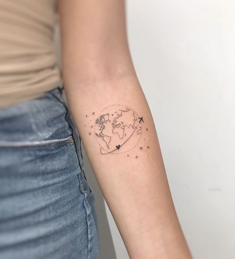 World Travel Tattoos, World Map Tattoos, Tiger Tattoo Sleeve, Globe Tattoos, Map Tattoo, Map Tattoos, Writing Tattoos, Tasteful Tattoos, Constellation Tattoos