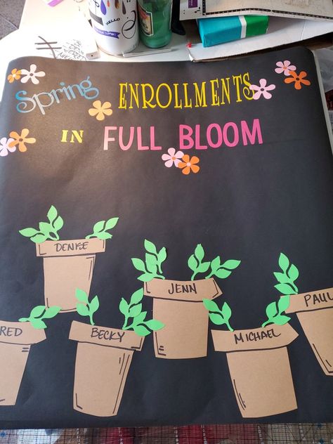 Spring enrollment board, fun ways to track work enrollments, tracking with additional flower stickers. Enrollment Board Ideas, Tracking Board Ideas Work, Sales Goal Board, Goal Tracker Board, Work Bulletin Boards, Goal Board, Flower Stickers, Signature Ideas, Goal Tracker