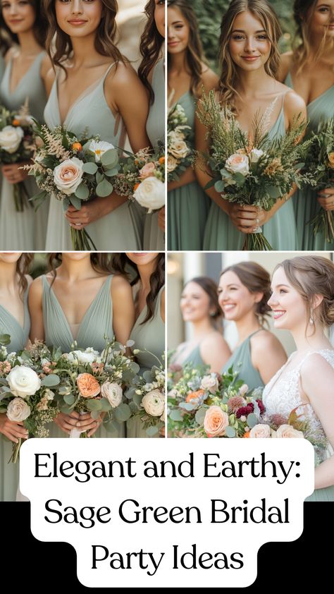 Bridesmaids wearing elegant sage green dresses, holding earthy bouquets for a timeless bridal party look. Sage Green Wedding Palette Color Pallets, Safe Green Bridal Party, Sage Green And Amber Wedding, Makeup Sage Green Dress, Sage Ivory Gold Wedding, Wedding Party Green Color Schemes, Boho Wedding Sage Green, Sage Green Wedding Florals, Sage Green Outdoor Wedding