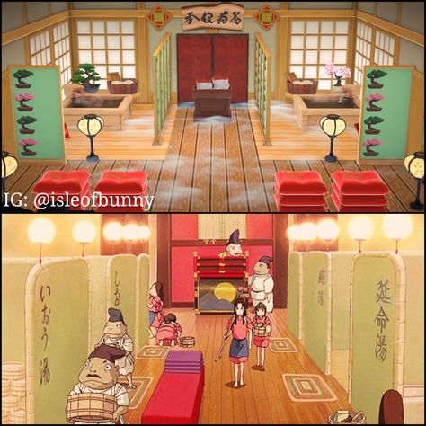 Acnh Bathhouse, Studio Ghibli Acnh, Acnh Ghibli, Japanese Bath House, Ac Ideas, Slice Of Life Anime, Studio Ghibli Characters, Japanese Bath, Island Theme