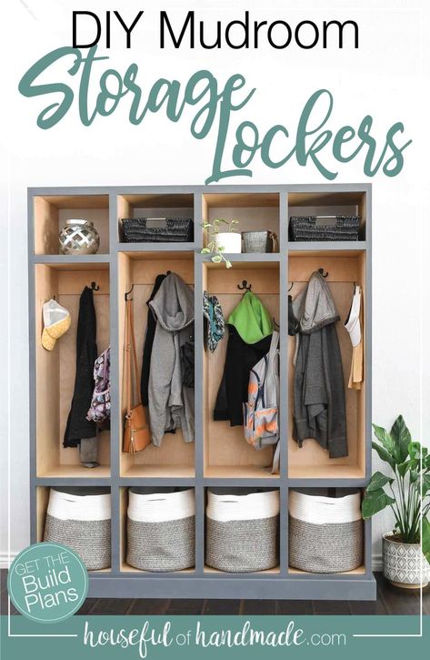 Build this mudroom storage locker to organize all your families gear. The beautiful cabinet can be used in your entryway or living room for loads of storage. Free build plans from Housefulofhandmade.com. Diy Mudroom Storage, Mudroom Storage Lockers, Mudroom Shelves, Mudroom Storage, Homework Room, Locker Designs, Storage Lockers, Diy Mudroom, Mudroom Lockers