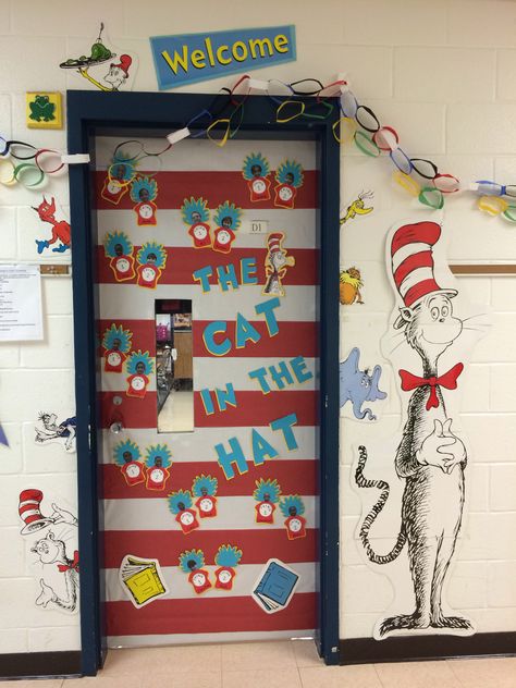 Cat In The Hat Door Decoration Ideas, Thing 1 And Thing 2 Door Decorations, Cat In The Hat Door Decoration, Cat In The Hat Bulletin Board, Hat Room Decor, Dr Seuss Door, Dr Seuss Classroom Door, Classroom Door Ideas, Dr Seuss Preschool