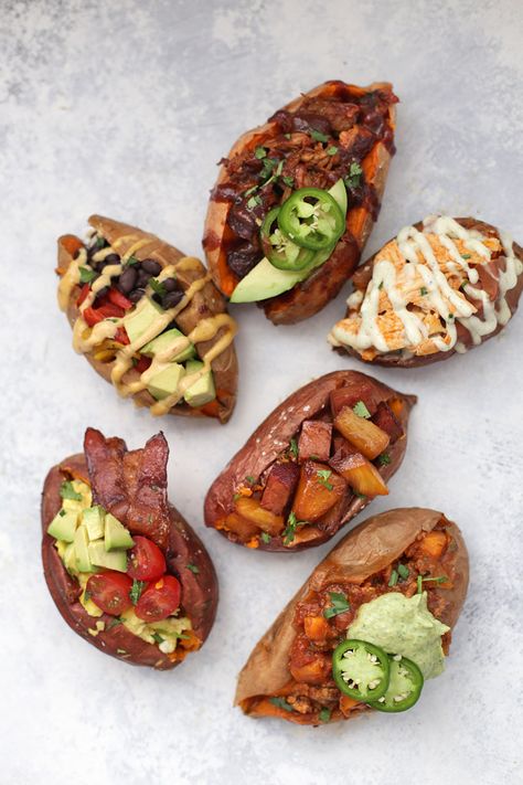 6 Amazing Ways to Stuff a Baked Sweet Potato - My fail-proof method for baking a perfect sweet potato and SO MANY ideas for how to stuff them! / stuffed sweet potatoes / stuffed baked sweet potatoes / paleo stuffed sweet potatoes / vegan stuffed sweet potatoes / baked sweet potatoes / healthy dinner / paleo dinner / whole30 dinner / stuffed baked potatoes / mexican stuffed sweet potatoes / hawaiian stuffed sweet potatoes / bbq stuffed sweet potatoes / buffalo stuffed sweet potatoes Sweet Potato Toppings, Sweet Potato Recipes Baked, Loaded Sweet Potato, Potato Toppings, Cooking Sweet Potatoes, Baked Sweet Potato, Sweet Potato Recipes, Buffalo Chicken, Vegan Baking