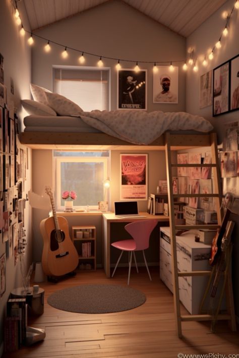 Cosy bedroom with a touch of refinement. Two Loft Beds In One Room, Small Bedroom Designs For Teens, Teenage Room Designs, Loft Bedroom Decor, Teen Girl Room Ideas, Comfy Room Ideas, Loft Beds For Teens, Loft Bedroom Ideas, Girls Loft Bed