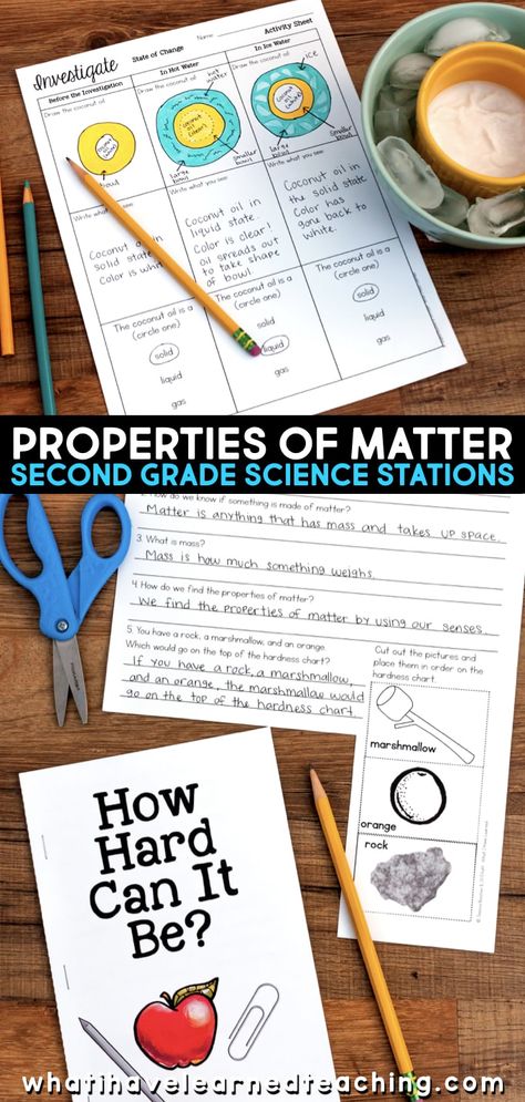 Engaging second grade science stations that follow the NGSS science standards for states of matter. These properties of matter science stations will have your 2nd grade students focused on reading and writing about science. Students learn about properties of matter, test different materials, and learn about how objects can be disassembled into small pieces and made into something new. #secondgradescience #ngss #2ndgradescience #sciencestations Matter Experiments, Matter Activities, States Of Matter Worksheet, Ngss Science, Second Grade Science, Science Stations, Middle School Science Experiments, Properties Of Matter, Matter Science