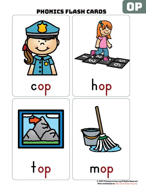 OP #wordfamily #flashcards help students learn to read. Words: cop, hop, mop, pop, top. #phonics #primarylearning #kindergarten https://primarylearning.org/worksheet/op-word-family-flash-cards/ Op Word Family, Kindergarten Flash Cards, Word Family Reading, Kindergarten Vocabulary, Kindergarten Word Families, Phonics Worksheets Free, Cvc Words Worksheets, Vocabulary Flash Cards, Cvc Words Kindergarten