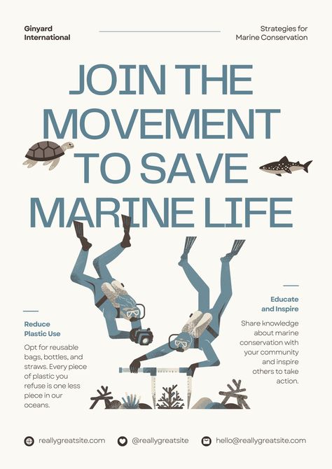 Join the movement to save marine life with our 'Ivory and Blue Simple Illustration Save Marine Life Poster.' Raise awareness and inspire action with this impactful design. Together, let's protect our oceans and the creatures that call it home. Get involved today! Marine Life Poster, Save Marine Life, Marine Poster, Marine Turtle, Beach Clean Up, Coral Bleaching, Poster Template Design, Save Our Oceans, Poster Typography