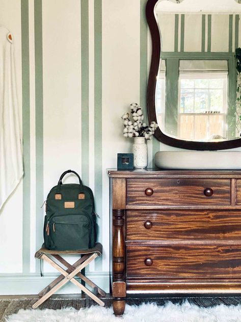 Green Shiplap Nursery, Boys Room Striped Wall, Stripped Wall Paint Vertical, Contrast Trim Nursery, Stripped Walls Ideas, Stripped Wall Paint, Paint Decor Ideas, Stripe Wall Paint Ideas, Striped Wallpaper Nursery