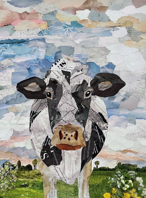 Simple Collage, Art Trading Cards, Collage Art Projects, Paper Collage Art, Landscape Art Painting, Collage Art Mixed Media, Cow Art, Camping Art, A Collage