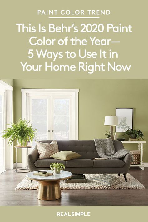 Behr Just Unveiled Its 2020 Paint Color of the Year—5 Ways to Use It in Your Home Right Now | This calming, restorative, and meadow-inspired yellow-green is Behr's paint color of the year. Click here to see more how it can be added to any home decor style. #paintcolors #realsimple #paintideas #paintcolorideas #bestpaintcolors #homeinspiration Green Paint Colors 2023, Popular Green Paint Colors, Behr Watery, Green Living Room Paint, Best Dining Room Colors, Indoor Paint Colors, Color Spotlight, Winter Skies, Dining Room Paint Colors