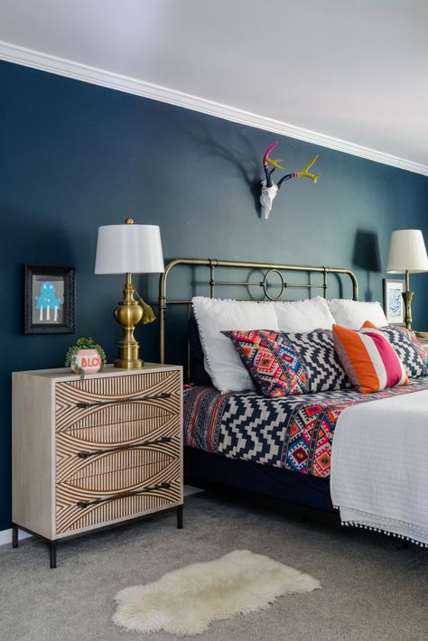 Navy Orange Bedroom, Pink And Orange Bedroom, Orange Bedrooms, Blue And Pink Bedroom, Adventure Room, Navy Bedrooms, Grey Wall Color, Orange Bedroom, Guest Bedroom Decor