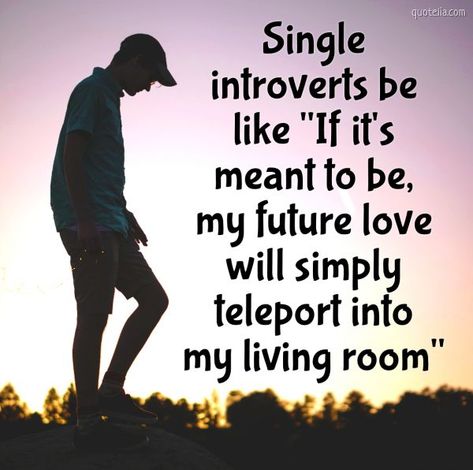 Single introverts be like "If it's meant to be, my future love will simply teleport into my living room"  #introverts #truelove #funnyquotes #funnypicturequotes #personquotes Introverts Be Like, Introvert Jokes, Introvert Love, None Of Your Business, Introvert Personality, Introverts Unite, Introvert Quotes, Future Love, My Living Room