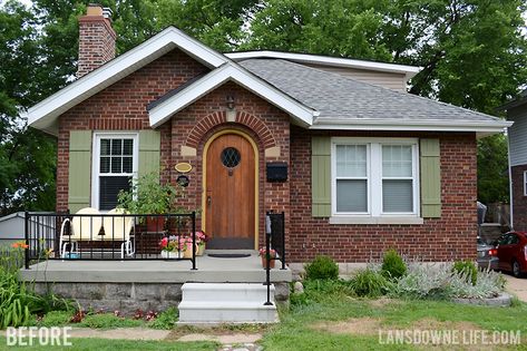 Painting concrete porch steps — lansdownelife.com Red Brick Cape Cod, Tudor Exterior, Curb Appeal Porch, Cottage Shutters, Brick Bungalow, Brick House Designs, Porch Stairs, Brick Cottage, Cottage Plans