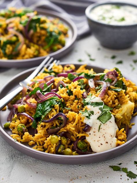 One-Pot Green Biryani (Vegan) Mexican Spice, Dinner Rotation, Salad Greens, Vegan Tacos, Biryani Recipe, Easy Weeknight, Tikka Masala, Samosa, Weeknight Dinners