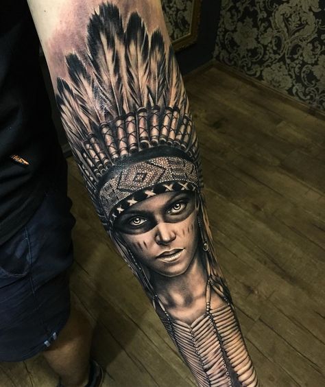 Indian Girl Tattoos, Headdress Tattoo, Indian Tattoo Design, Native American Tattoo, American Indian Tattoos, Native American Tattoos, Native Tattoos, Girl Arm Tattoos, Tato Lengan