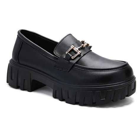 PRICES MAY VARY. CHAIN LOAFERS: Chunky platform low block heel combine with soft leather upper, this chain loafers inspire from classic design, also add chain element fashion design element to this slip on loafer. FEATURES: The platform loafer features a non-slip lug sole with a 2.3-inch block heel, making every step stable and adding height to your figure. Easy to wear and take off and save time, making it easy for you to go out. MEMORY FOAM INSOLE: These slip on shoes come with soft padded mem Loafers With Chain, Loafers Chunky, Business Clothes, Shoes Business, Shoes Ideas, Outdoor School, Business Wear, Platform Loafers, Business Work