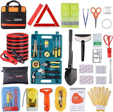 Amazon.com: Vetoos Car Roadside Emergency Kit with Jumper Cables, Auto Vehicle Safety Road Side Assistance Kits Starter Repair Kit, Winter Car Kit Essentials for Men and Women, with Folding Survival Shovel : Automotive Car Kit Essentials, Winter Car Kit, Survival Shovel, Car Safety Kit, Safety Road, Roadside Emergency Kit, Car Tool Kit, Car Emergency Kit, Safety Kit