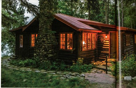 We like this color scheme with the red metal roof, darker wood and stone fireplace - very classic cabin Dark Green Log Cabin, Log Cabin With Green Metal Roof, Green Roof Log Cabin, Red Roof Log Cabin, Log Cabin With Metal Roof, Cute Cabins, Cottage In The Woods, Cabin In The Woods, Cabin Living