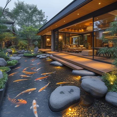 House Fish Pond, Japanese Koi Pond Design, Modern Fish Pond, Modern Koi Pond, Modern Japanese House Exterior, Modern Pond, Kolam Koi, Fish Pond Gardens, Home Designs Exterior