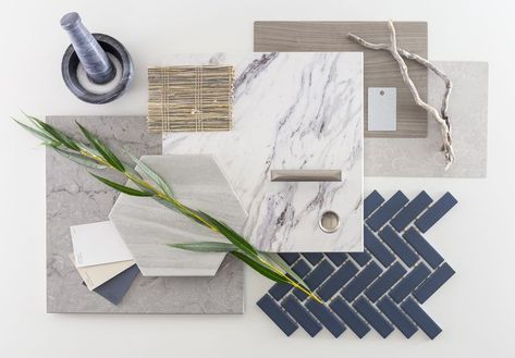 Marble inspired surfaces, deep blue tones, and polished pewter give this kitchen mood board a coastal feel. Blue Bathroom Mood Board, Bathroom Mood Board, Calm Mood, Materials Board Interior Design, White Marble Design, Beach House Bathroom, Color Schemes Design, Kitchen Mood Board, House Color Palettes