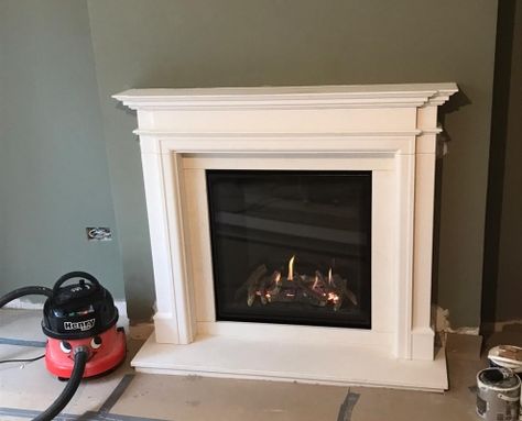 Gas Fireplace Marble Surround, Electric Fire With Mantle, Gas Fires And Surrounds, Fire Installation, Gas Fireplace Ideas, Cream Fireplace, Fireplace Contemporary, Fire Surrounds, Fireplace Glass