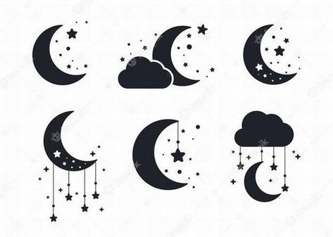 Silhouette of the crescent moon and stars in the night sky isolated on background Premium Vector Clouds And Stars Tattoo, Stars In The Night Sky, Night Sky Moon, Fantasy Star, Star Logo Design, Moon Vector, Star Silhouette, Moon Icon, Moon Silhouette