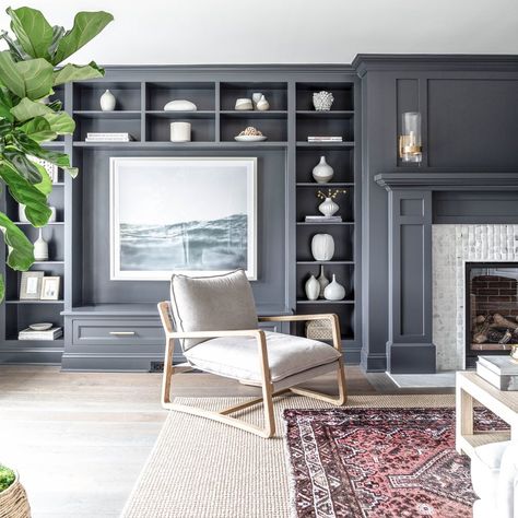 Dark Gray Fireplace Surround and Bookshelves Living Room Benches, Rivers Edge, Living Room Built Ins, Decor Shelf, Living Room Bench, Living Room Storage, Living Room Grey, Interior Design Firms, Living Room Inspiration