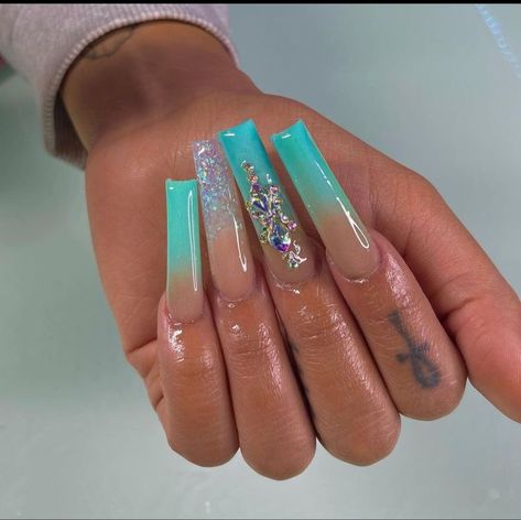 Trap Nails, Turquoise Acrylic Nails, Teal Acrylic Nails, Random Nails, Turquoise Nail Designs, Tiffany Blue Nails, Mint Green Nails, Aqua Nails, Green Acrylic Nails