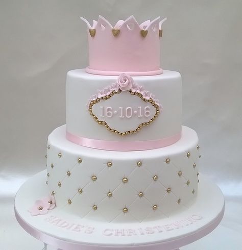 Two tier princess cake with crown Cakes With Crowns On Top, Two Tier Princess Cake, Crown Cake Design, Princess Cake With Crown, 3 Tier Princess Birthday Cake, Princess Cake Two Tier, Princess Two Tier Cake, Two Tier Crown Cake, Princess Cake With Tiara