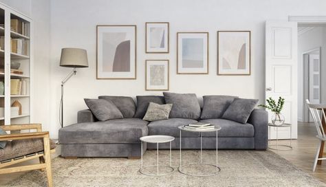 5 Gallery Wall Layout Ideas That Feel Fresh for 2021 - PureWow Nordic Living Room Grey Sofa, Gray Beige Living Room, Contemporary Living Room Grey, Glam Livingroom, Couch Designs, Dark Grey Couch Living Room, Gray Couch, Dnevna Soba, Grey Sofa Living Room