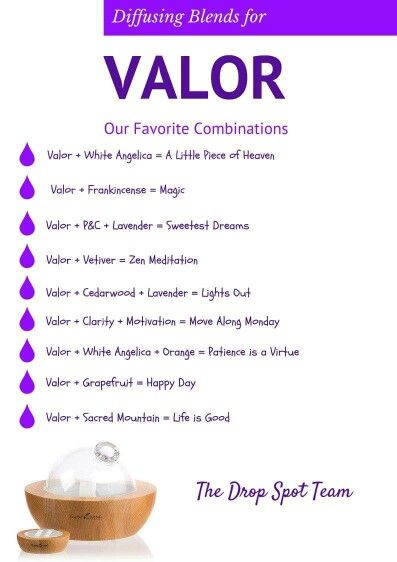 Valor diffusing combos Young Living Oils Recipes, Living Oils Recipes, Essential Oil Usage, Helichrysum Essential Oil, Essential Oil Diffuser Blends Recipes, Young Living Essential Oils Recipes, Essential Oils Guide, Essential Oils Health, Essential Oil Diffuser Recipes