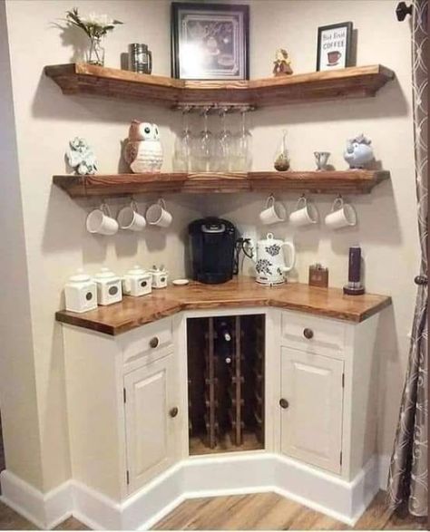 DIY Garden &  Home Deco | Coffee Corner | Facebook Small Built In Coffee Bar, Diy Corner Coffee Bar, Coffee Bar Nook, Corner Coffee Bar, Built In Coffee Bar, Corner Built In, Bar Nook, Corner Coffee, Built In Bar