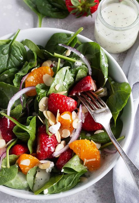 Strawberry Spinach Mandarin Salad with Poppy Seed Dressing Orange Spinach Salad, Salad With Poppy Seed Dressing, Mandarin Salad, Simple Spinach Salad, Best Salads Ever, Strawberry Spinach Salad, Best Macaroni Salad, Feta Cheese Salad, Spinach Salad Recipes