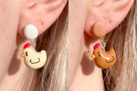 Clay Chicken Earrings, Stardew Valley Gift Ideas, Chicken Earrings, Stardew Valley Earrings, Stardew Valley Diy Crafts, Stardew Valley Jewelry, Stardew Valley Polymer Clay, How To Make Clay Earrings, Nerdy Jewelry